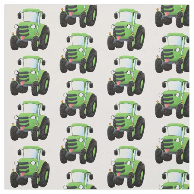 Cute green happy farm tractor cartoon illustration fabric (Swatch)