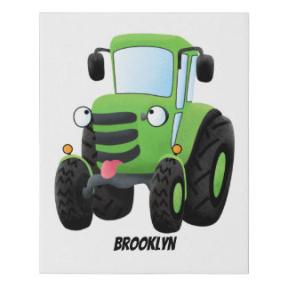 Cute green happy farm tractor cartoon illustration faux canvas print