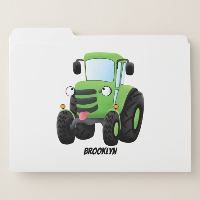 Cute green happy farm tractor cartoon illustration file folder (Front Left)