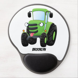 Cute green happy farm tractor cartoon illustration gel mouse pad