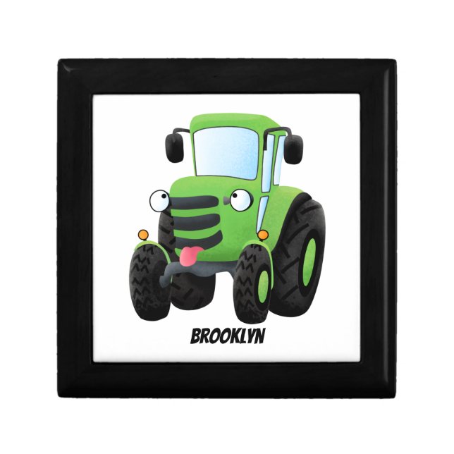 Cute green happy farm tractor cartoon illustration gift box (Front)