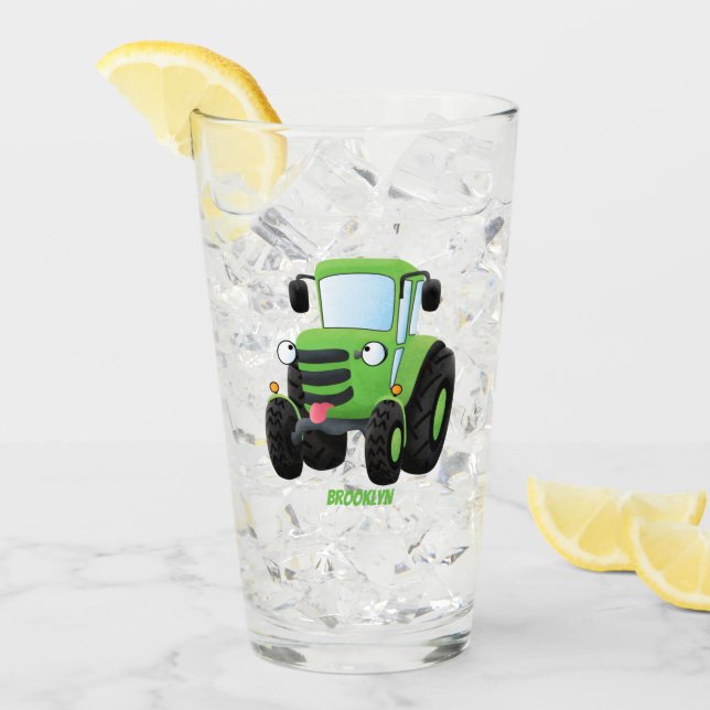 Cute green happy farm tractor cartoon illustration glass (Front Ice)