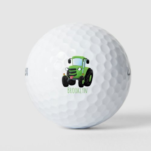 Cute green happy farm tractor cartoon illustration golf balls