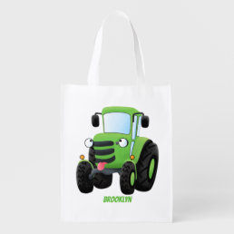Cute green happy farm tractor cartoon illustration grocery bag