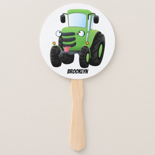 Cute green happy farm tractor cartoon illustration hand fan