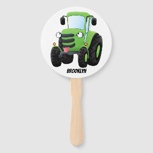 Cute green happy farm tractor cartoon illustration hand fan