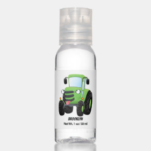 Cute green happy farm tractor cartoon illustration hand sanitizer