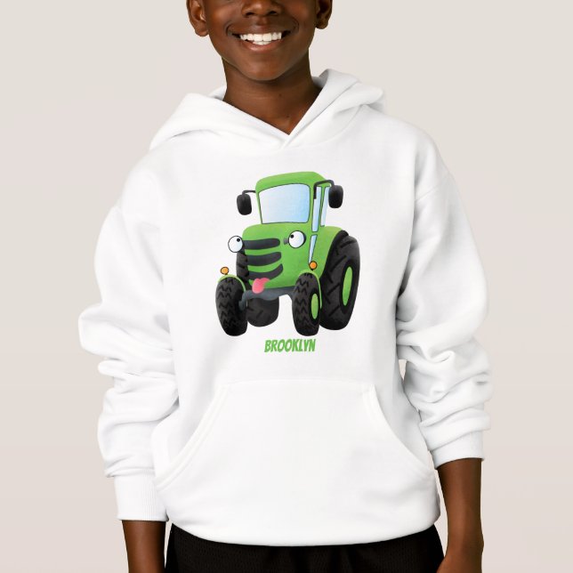 Cute green happy farm tractor cartoon illustration hoodie (Front)
