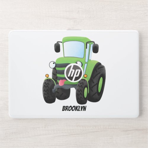 Cute green happy farm tractor cartoon illustration HP laptop skin