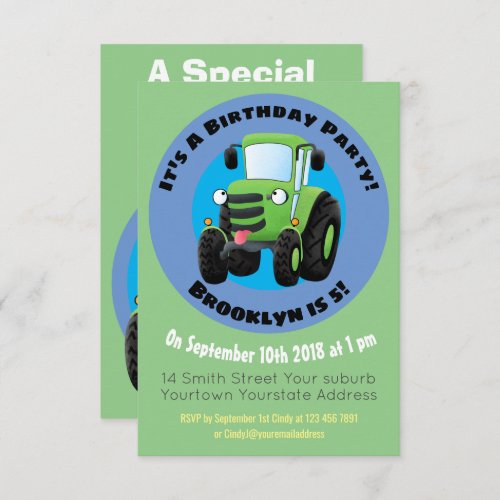 Cute green happy farm tractor cartoon illustration invitation