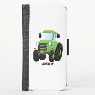 Cute green happy farm tractor cartoon illustration iPhone x wallet case