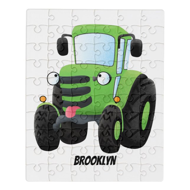 Cute green happy farm tractor cartoon illustration jigsaw puzzle (Puzzle Vertical)