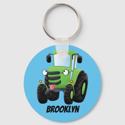 Cute green happy farm tractor cartoon illustration keychain
