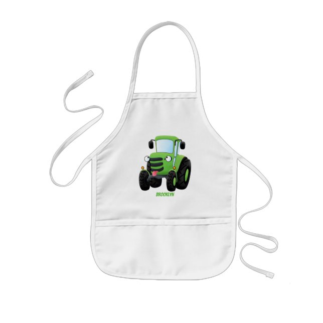 Cute green happy farm tractor cartoon illustration kids' apron (Front)