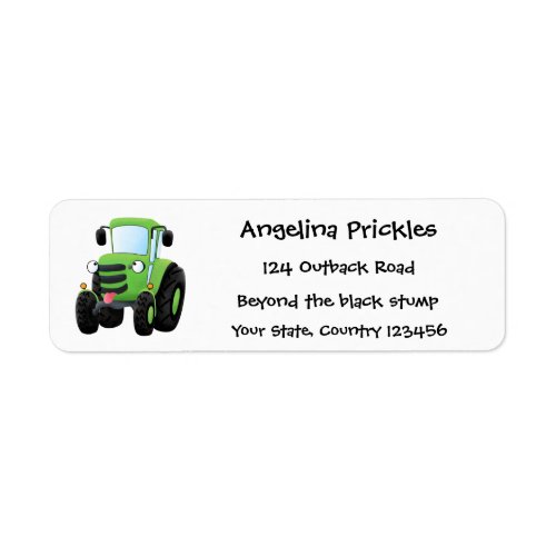 Cute green happy farm tractor cartoon illustration label