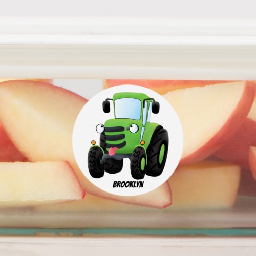Cute green happy farm tractor cartoon illustration labels