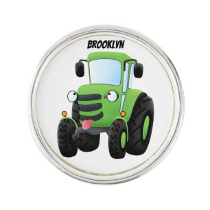 Cute green happy farm tractor cartoon illustration lapel pin