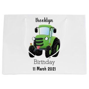 Cute green happy farm tractor cartoon illustration large gift bag
