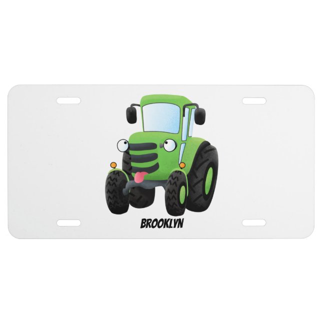 Cute green happy farm tractor cartoon illustration license plate (Front)