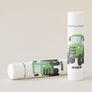 Cute green happy farm tractor cartoon illustration lip balm