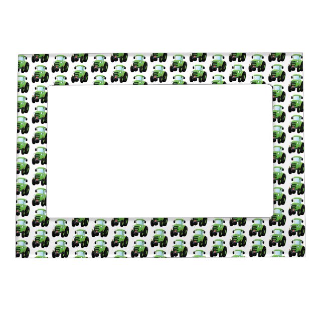 Cute green happy farm tractor cartoon illustration magnetic frame (Front)