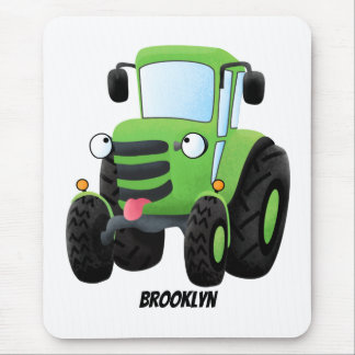Cute green happy farm tractor cartoon illustration mouse pad