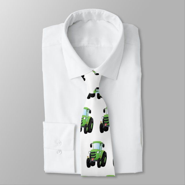 Cute green happy farm tractor cartoon illustration neck tie (Tied)