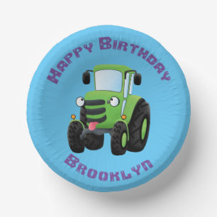 Cute green happy farm tractor cartoon illustration paper bowls