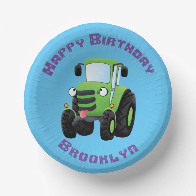 Cute green happy farm tractor cartoon illustration paper bowls (Front)