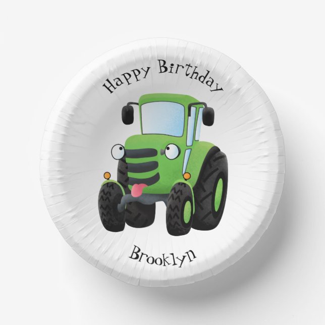 Cute green happy farm tractor cartoon illustration paper bowls (Front)