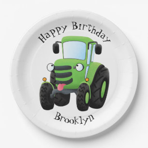 Cute green happy farm tractor cartoon illustration paper plates