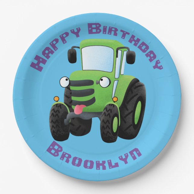 Cute green happy farm tractor cartoon illustration paper plates (Front)