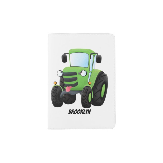 Cute green happy farm tractor cartoon illustration passport holder (Front)