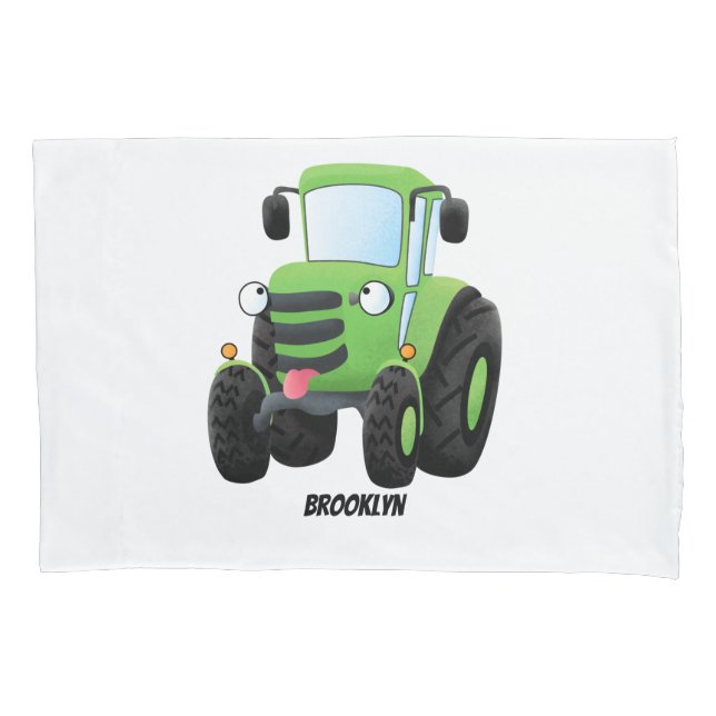 Cute green happy farm tractor cartoon illustration pillow case (Front)