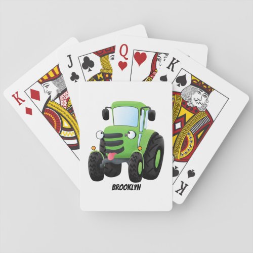 Cute green happy farm tractor cartoon illustration poker cards