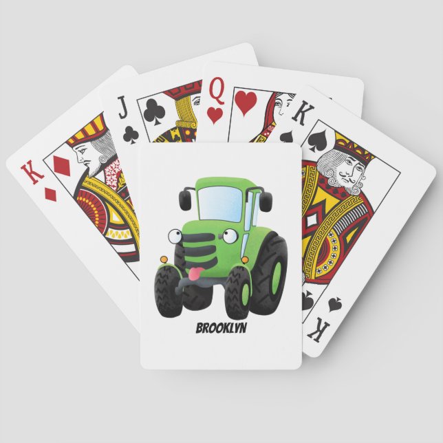 Cute green happy farm tractor cartoon illustration poker cards (Back)