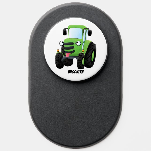 Cute green happy farm tractor cartoon illustration PopSocket (Popsocket)