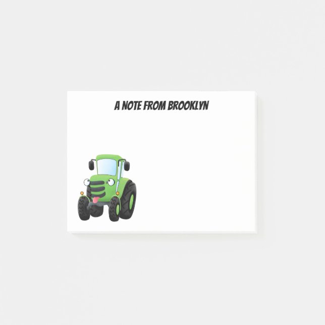 Cute green happy farm tractor cartoon illustration post-it notes (Front)