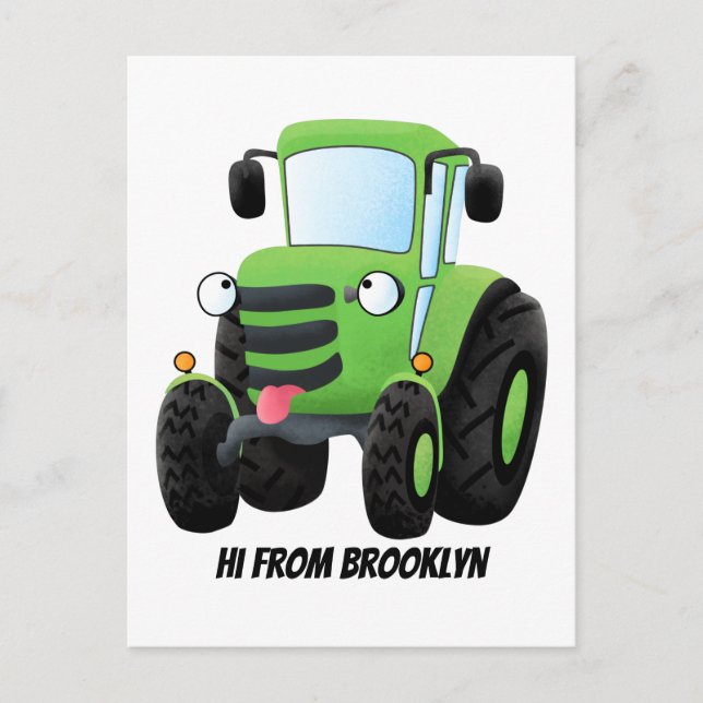 Cute green happy farm tractor cartoon illustration postcard (Front)