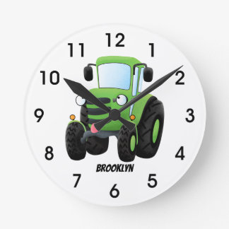 Cute green happy farm tractor cartoon illustration round clock