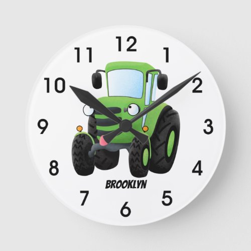 Cute green happy farm tractor cartoon illustration round clock