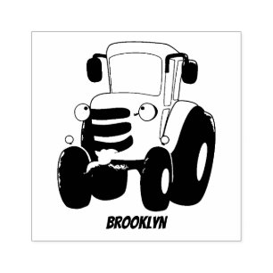 Cute green happy farm tractor cartoon illustration rubber stamp