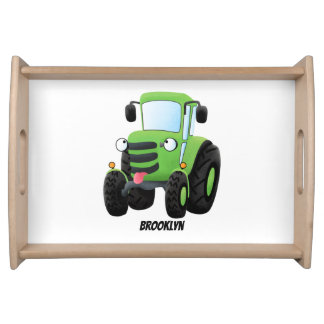 Cute green happy farm tractor cartoon illustration serving tray