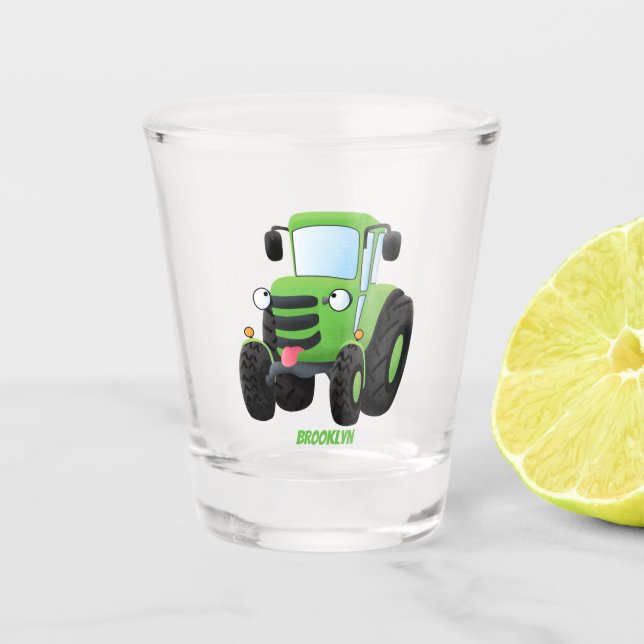 Cute green happy farm tractor cartoon illustration shot glass (Front)