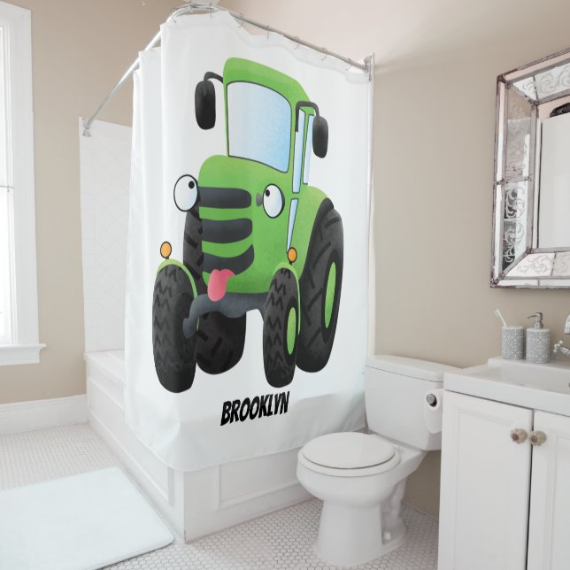 Cute green happy farm tractor cartoon illustration shower curtain (In Situ)