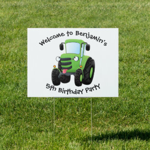Cute green happy farm tractor cartoon illustration sign