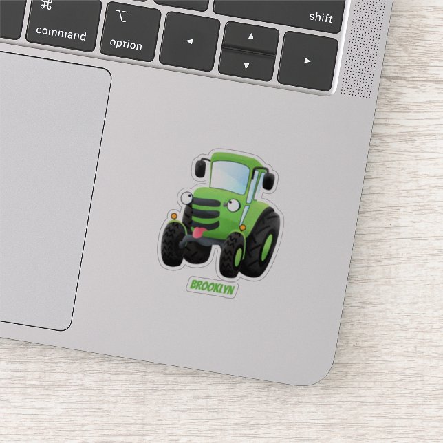 Cute green happy farm tractor cartoon illustration sticker (Detail)
