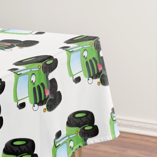 Cute green happy farm tractor cartoon illustration tablecloth (In Situ)