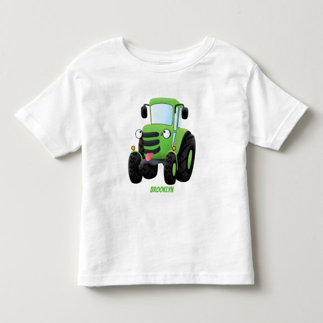 Cute green happy farm tractor cartoon illustration toddler t-shirt (Front)