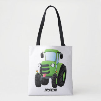 Cute green happy farm tractor cartoon illustration tote bag